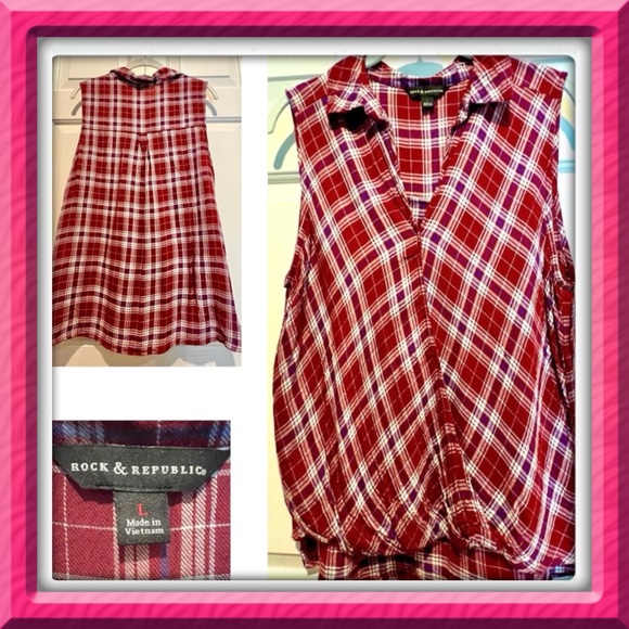 Rock & Republic sleeveless flannel faux wrap top - red white blue plaid - Large - Picture 7 of 7